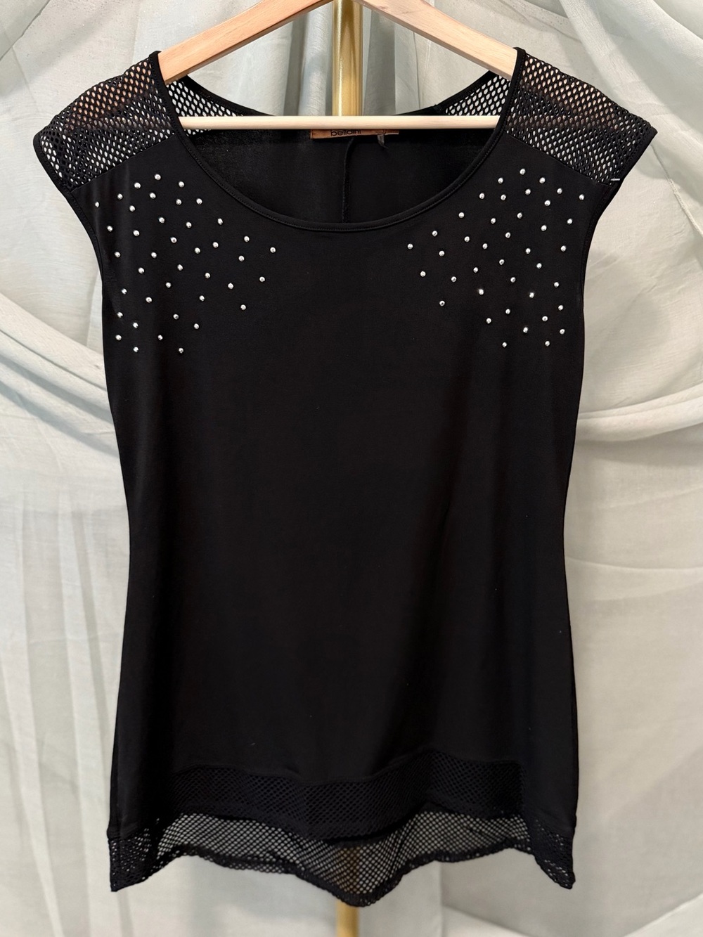 Belldini Black Short Sleeve Mesh Top with Stud Accents - Picture 2 of 5